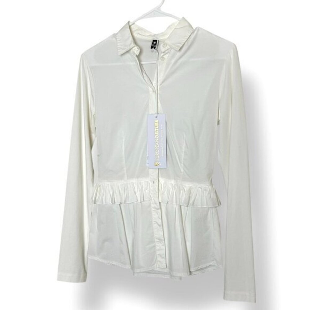 NWT European Culture White Blouse Peplum Ruffle Long Sleeve Button Up Sz S